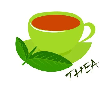 A green cup of tea with fresh tea leaves and thea caption. five o'clock Stock Illustration