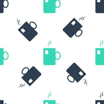 Green Cup of tea with tea bag icon isolated seamless pattern on white background 스톡 일러스트