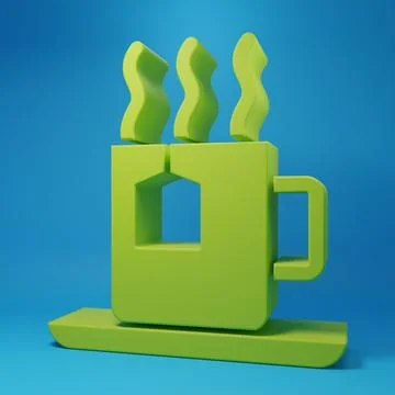 Green Cup of tea with tea bag icon isolated on blue background. Minimalism .. Stock Illustration