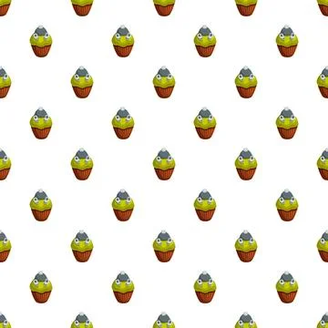 Green cupcakes with skull icing creating a seamless halloween pattern 스톡 일러스트