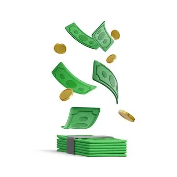 Green currency stack and falling gold coins in cartoon style. 3d realistic mo Stock-Illustration