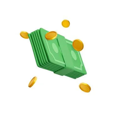 Green currency stack and falling gold coins in cartoon style. 3d realistic mo Illustrazione stock