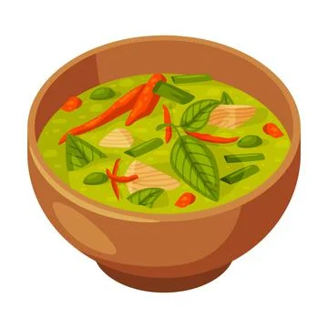 Green Curry with Green Chilli and Seafood as Traditional Thai Food Vector Stock Illustration