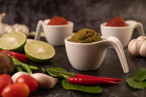 Green curry paste made from chili Stock Photos