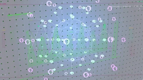 Green curve starting playback, wire sphere showing nodes moving and links Stock Footage 334788223