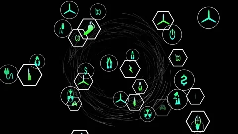 Green-cyan icons in white frames orbiting, clustering as central swirl Stock Footage 321161815