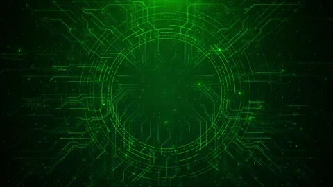 Green cyber circuit HUD background glowing circular interface, electronic paths, Stock Footage 340409679