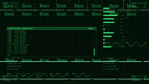 Green Cybersecurity Hacking Interface with Scrolling Terminal Text and Data.. Stock Footage 334090816