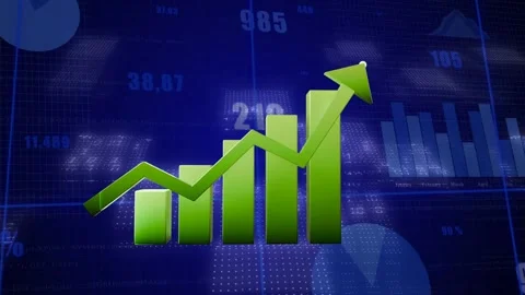 Green dashed blocks morphing sparking 3D bars growing into arrow % emerging Stock Footage 340654571