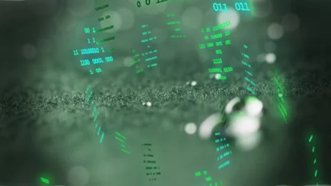 Green data columns rising, camera pulling back, droplets shifting right, Stock Footage 333704929