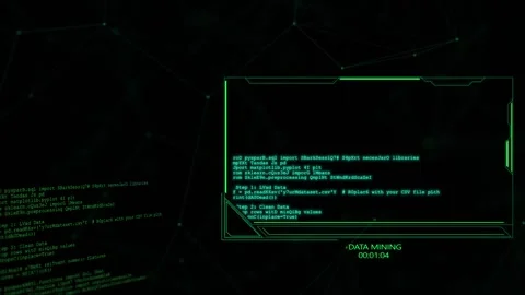 Green data mining HUD background with code panel, timer text, and dark network i Stock Footage 340552194
