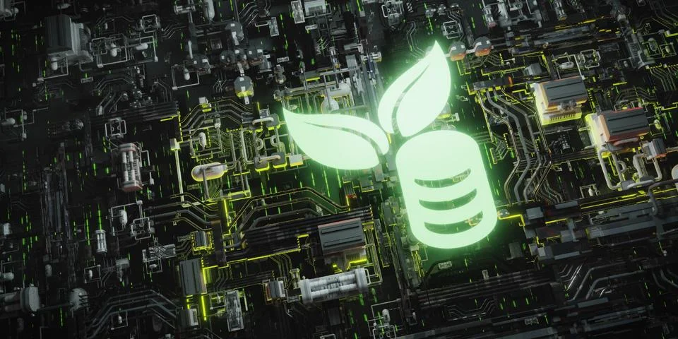 Green Data Technology Glowing leaf and coin icon on a dark futuristic circu.. Ilustración de archivo