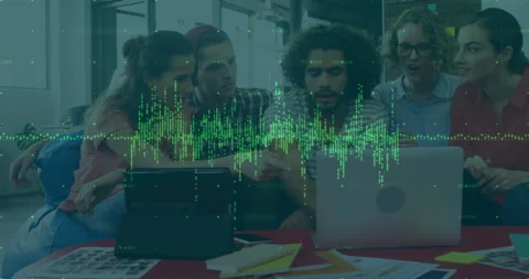 Green data visualization animation over diverse team collaborating on laptop in Stock Footage 305291664