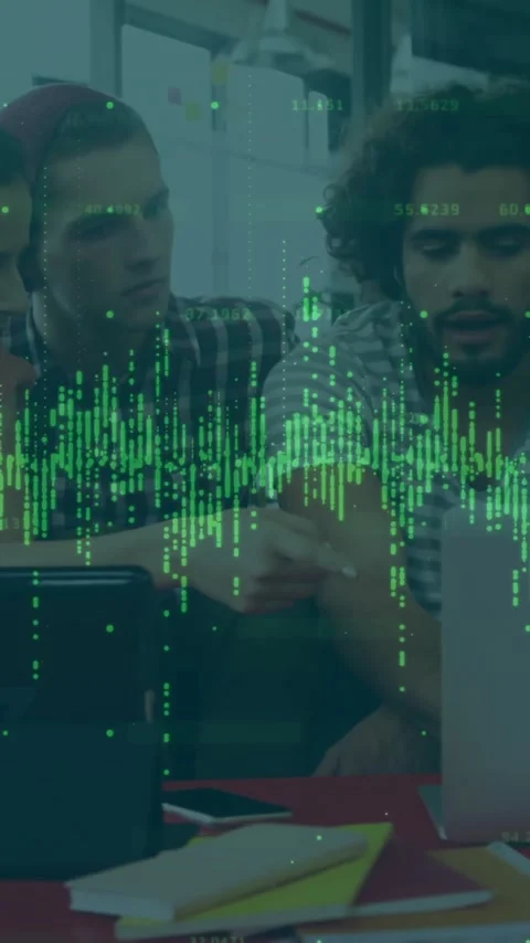 Green data visualization animation over diverse team collaborating on laptop in Stock Footage 344284358