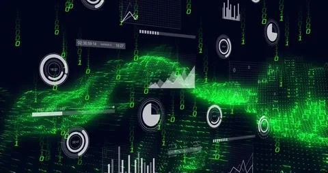Green data wave rising from left activating HUD elements floating, updating and Stock Footage 327643740