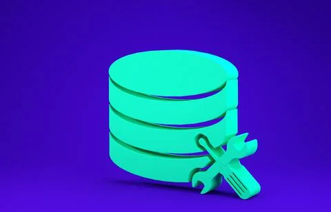 Green Database server with screwdriver and wrench icon isolated on blue backg Illustrazione stock