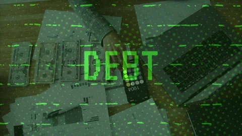 Green Debt Glitch Text Over Business Desk With Cash Stock Footage 337050587