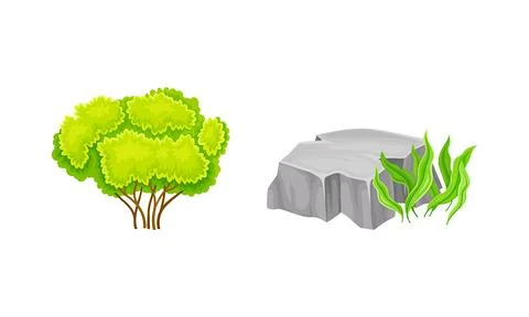Green deciduous tree and stone with grass set. Summer landscape design elements Stock Illustration