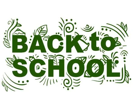 Green decor text back to school with bell, book, pencils and leaves Stock Illustration