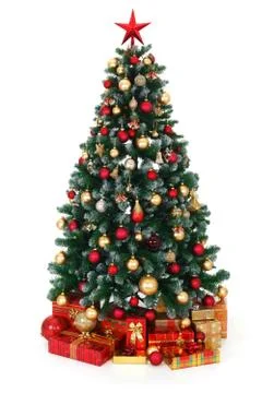Green decorated christmas tree and presents Stock Photos