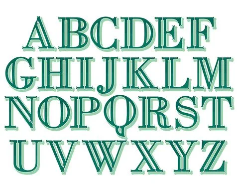 Green decorative typeface set isolated on white.Uppercase vector alphabet. Stock Illustration