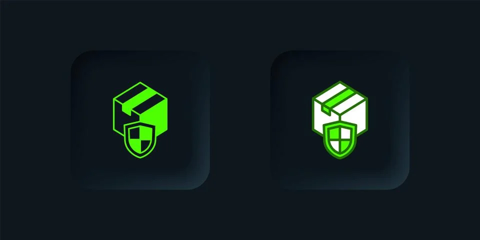 Green Delivery security with shield icon isolated on black background. Deli.. Illustrazione stock