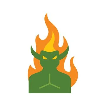 Green devil burning in orange and yellow flames Stock Illustration
