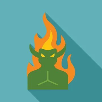 Green devil character surrounded by flames with long shadow Stock Illustration
