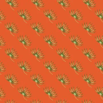 Green diagonal botanic leaf ornament seamless doodle pattern. Bright orange b Stock Illustration