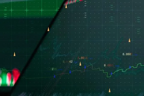 Green digital analytics grid with trend lines, numeric data and candlestick.. Illustrazione stock