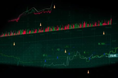 Green digital analytics grid with trend lines, numeric data and candlestick.. Illustrazione stock