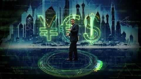 A green digital background, featuring a cityscape silhouette, sets the stage for Stock Footage 232643058