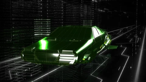 Green Digital Car is driving through the Virtual World in the Augmented Reality Stock Footage 223406966