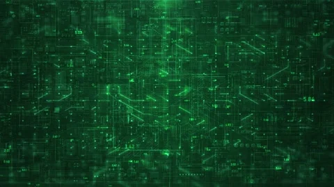 Green Digital Circuit Board Data Flow Network with Floating Numbers Stock Footage 335809340