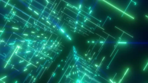 Green digital circuit grid with glowing lines, data pathways Stock Footage 335329062