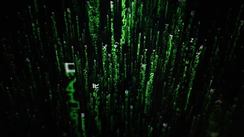 Green Digital Code Rain Falling Downward in High Contrast Dark Space Stock Footage 334733427