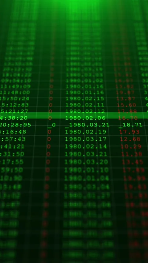 Green digital data table background glowing rows, red and green values, grid lin Stock Footage 340526259
