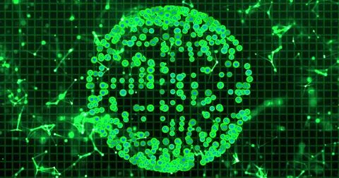Green digital globe with binary code image over network connections on grid.. 库存照片
