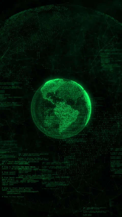 Green digital globe code background with dotted earth, programming text, network Stock Footage 340554112
