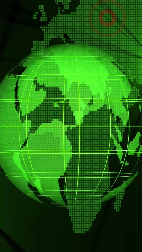 Green digital globe with grid lines overlay on dotted world map background,.. Stock Footage 344840306