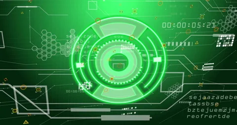 Green digital interface with circular animation over futuristic data and coding Stock Footage 306565318