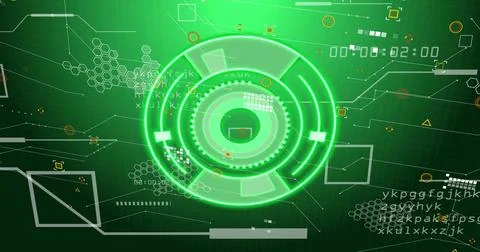 Green digital interface with circular image over futuristic data and coding Stock Photos