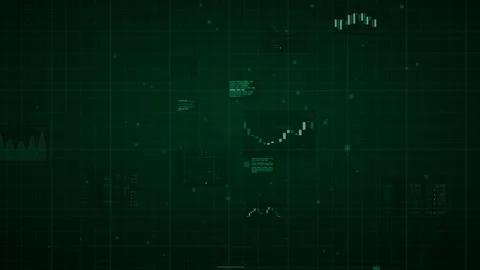 Green digital interface displaying complex financial data charts and Stock Footage 342474592
