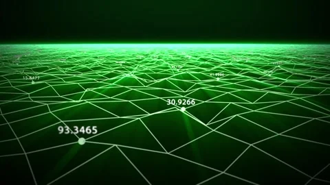 Green digital landscape with bright glowing grid and floating data points Stock Footage 320508244