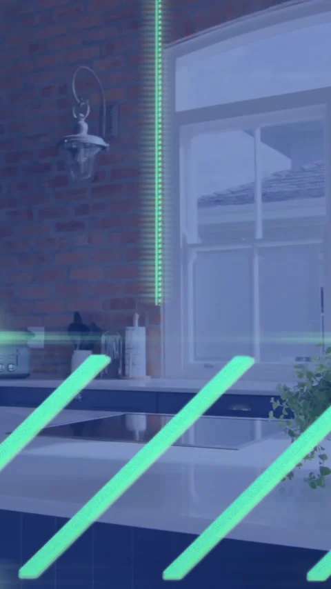 Green digital lines and numbers animation over modern kitchen interior Stock Footage 344693909