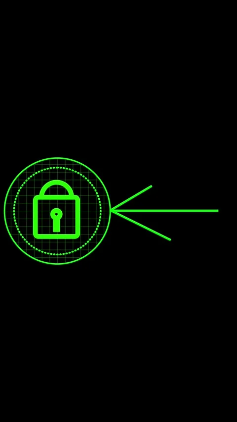 Green Digital Lock Icon with Grid and Arrow on Black Background security safe Stock Footage 337463080