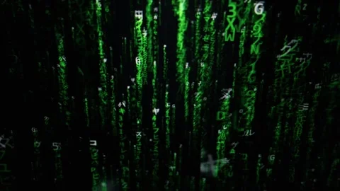 Green Digital Matrix Code Rain Cascades Down a Black Background Screen Stock Footage 334733432