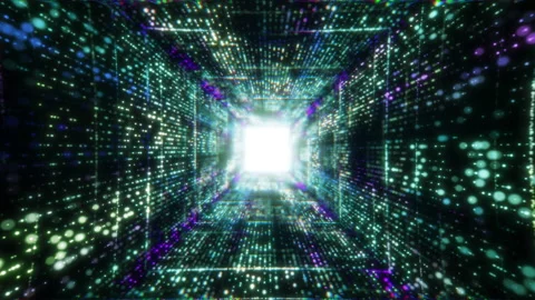 Green digital matrix core tunnel of binar lights, neon glowing rays loop in Stock Footage 153147110