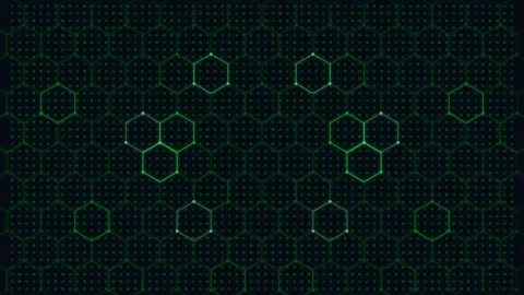 Green digital network hexagons on dark background, technology concept Stock Footage 340386626