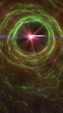 Green digital network vortex with glowing mesh lines, central red flare, an.. Ilustração Stock